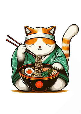 Cat eating ramen in kimono