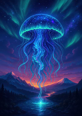 Glowing Jellyfish Over Mountain Landscape