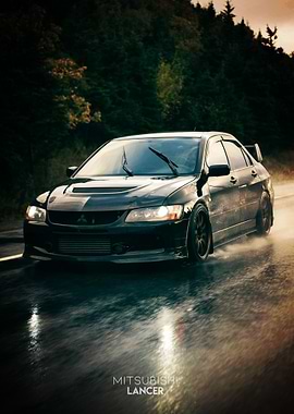 Mitsubishi Lancer on Wet Road