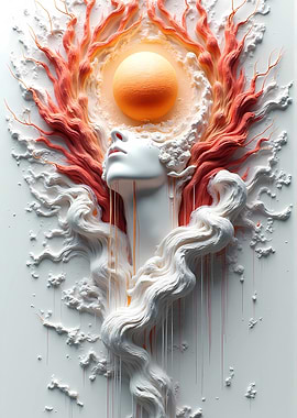 3D Abstract Woman with Sun and Coral,Modern surrealism wall art