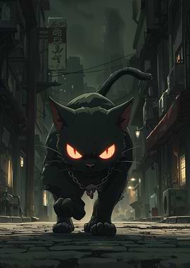 Black Cat in Dark Cityscape
