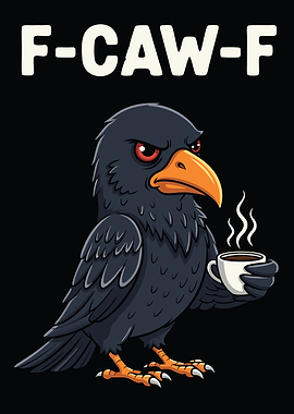 Grumpy Raven with Coffee Cartoon