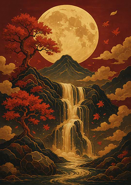 Japanese Landscape with Waterfall and Moon