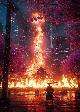 Burning Temple in Cyberpunk Cityscape