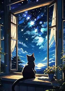 Cat gazing at the night sky