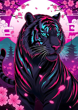 Japanese Aesthetics – Neon Tiger with Cherry Blossoms