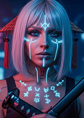 Cyberpunk Warrior with Katana and Neon Markings