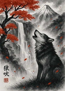 Wolf Howling Waterfall Japanese Art