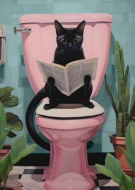 Black Cat Reading on Pink Toilet