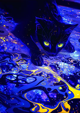 Black Cat on Abstract Blue Surface
