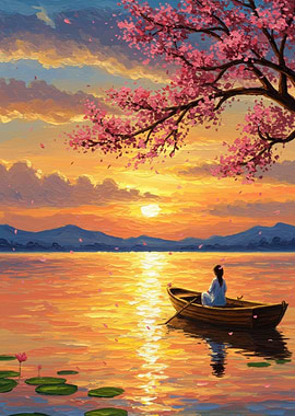 Sunset Serenity: Woman in Boat