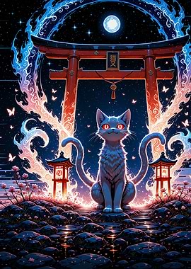 Nekomata Cat at Torii Gate Cherry Blossom Japan