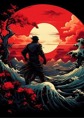 Samurai Stance Against Red Sun