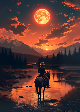 Cowboy on Horseback at Sunset