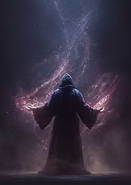 Wizard casting spell in cosmic background