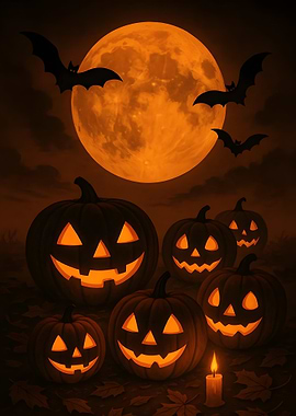 Halloween Pumpkins with Bats and Moon