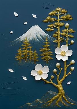 Mount Fuji with Golden Trees and Flowers