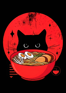 Black Cat Ramen Bowl Red Moon