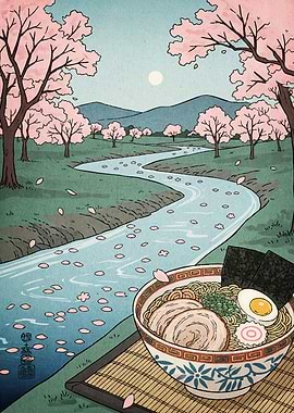 Ramen Cherry Blossoms Landscape