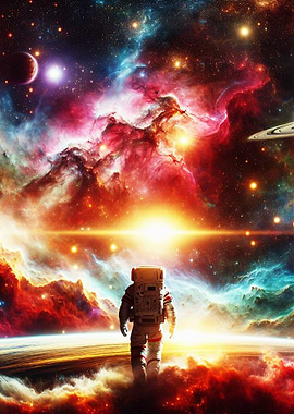 Astronaut in Space with Spectacular Cosmic Landscape