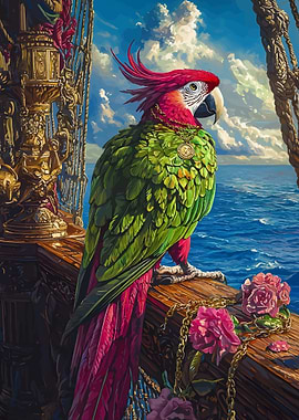 Regal Parrot on Ship Deck Painting