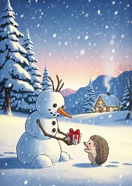 Snowman Giving Gift Hedgehog