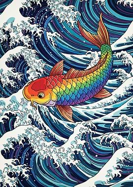 Rainbow Koi Fish Ocean Waves