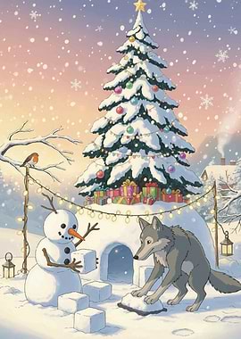 Winter Scene with Wolf and Snowman