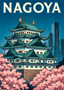 Nagoya Castle Illustration with Cherry Blossoms
