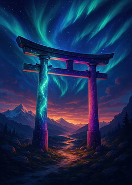Torii Gate Under Aurora Borealis