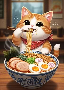 Cat Eating Ramen