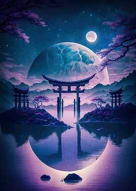 Japanese Landscape Torii Gates Moon