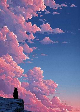 Cat Silhouette with Pink Clouds