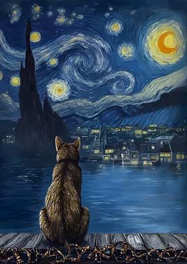 Cat gazing at Starry Night