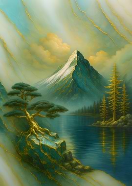Mountain Lake Landscape with Golden Accents