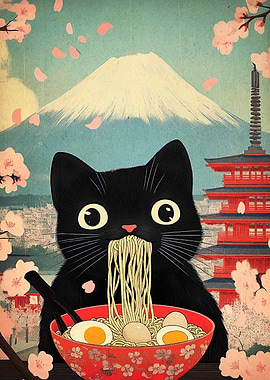 Black Cat Eating Ramen with Mount Fuji