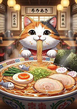 Cartoon Cat Eating Ramen Restaurant