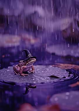 Toad wearing a witch hat in rain