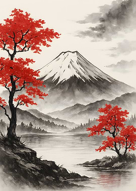 Mount Fuji Landscape with Red Trees