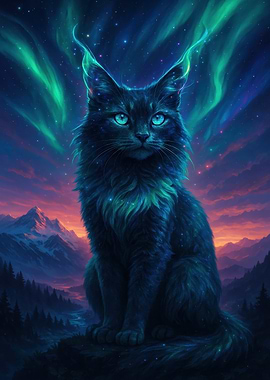 Mystical Cat Under Aurora Borealis
