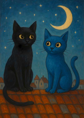 Two Cats on a Rooftop at Night