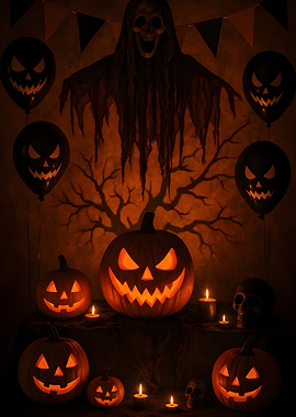 Halloween Night Scene with Pumpkins