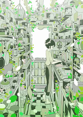Green Kitchen Scene with Anime Girl