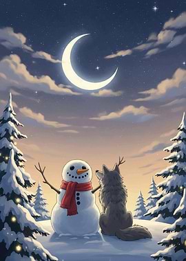 Snowman and Wolf Under Crescent Moon