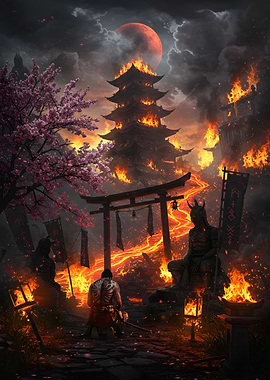 Burning Temple with Samurai