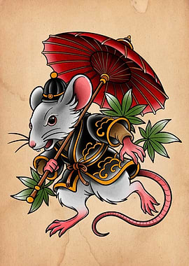 Mouse with Umbrella in Traditional Tattoo Style