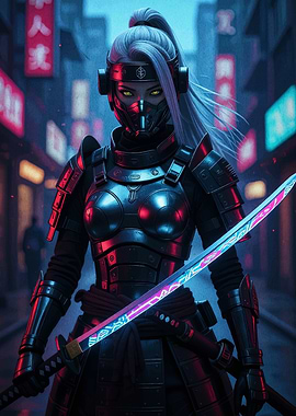 Cyberpunk Samurai Warrior in Neon Cityscape