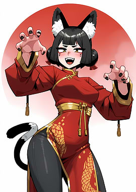 Anime Cat Girl in Red Dress