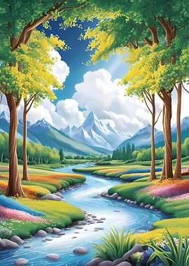 Serene River Landscape with Mountains