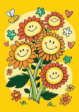 Happy Sunflowers with Bee Cartoon Illustration